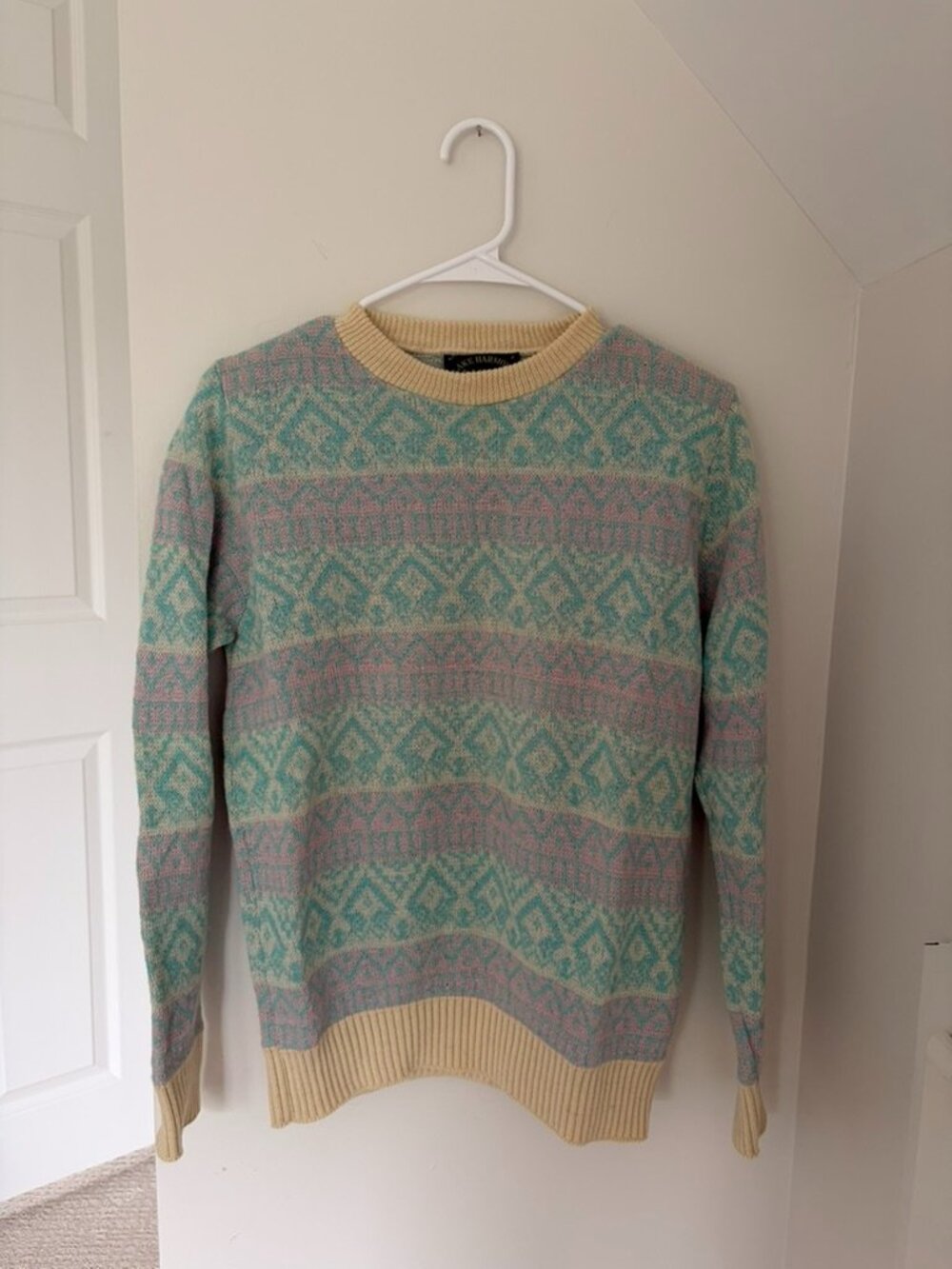 Lake Harmony Rowing Club Vtg 100% Wool Fair Isle Nordic Sweater Teal Purple S